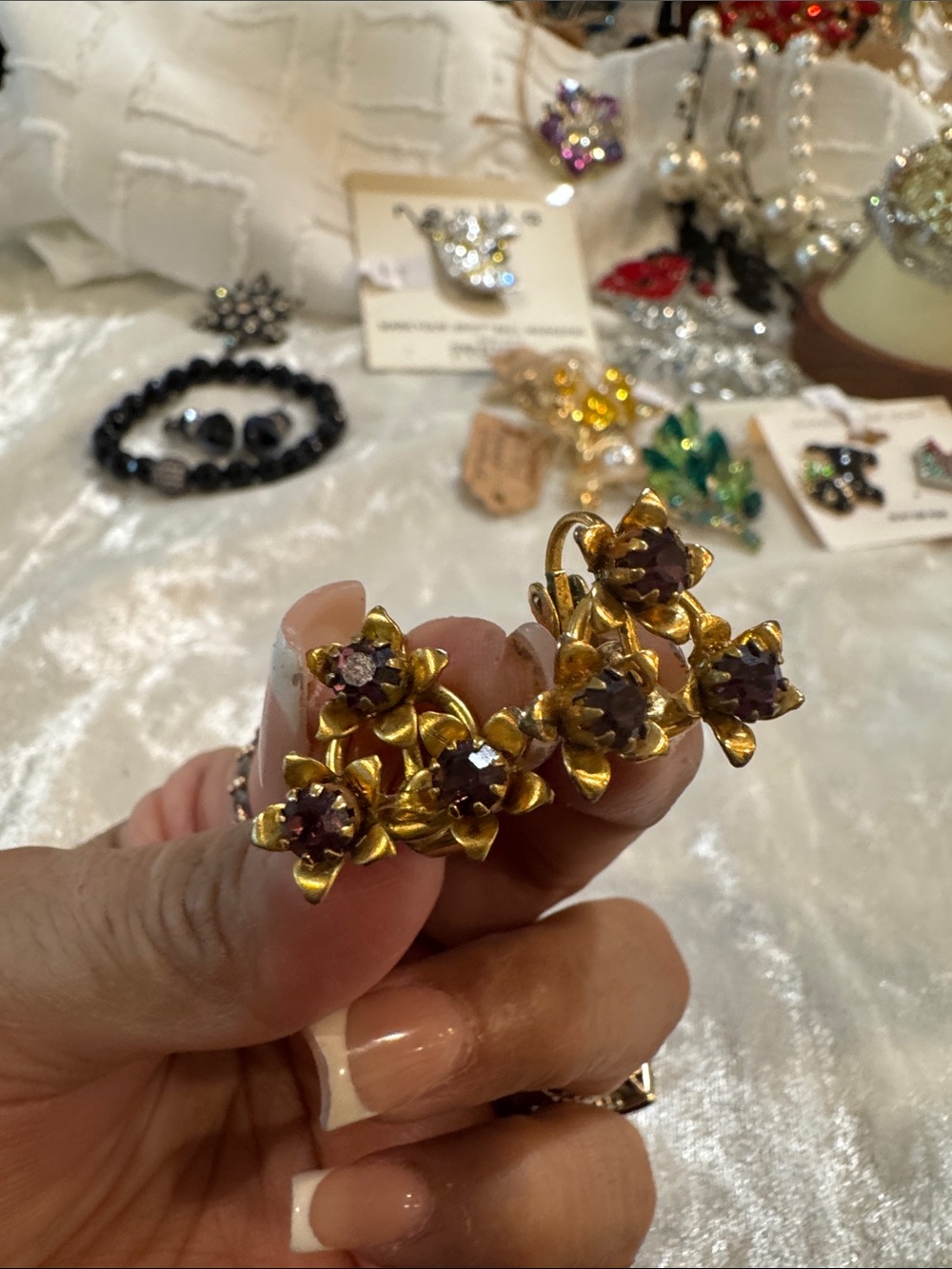 Vintage Gold Flower Cluster Clip-On Earrings with Purple Stones